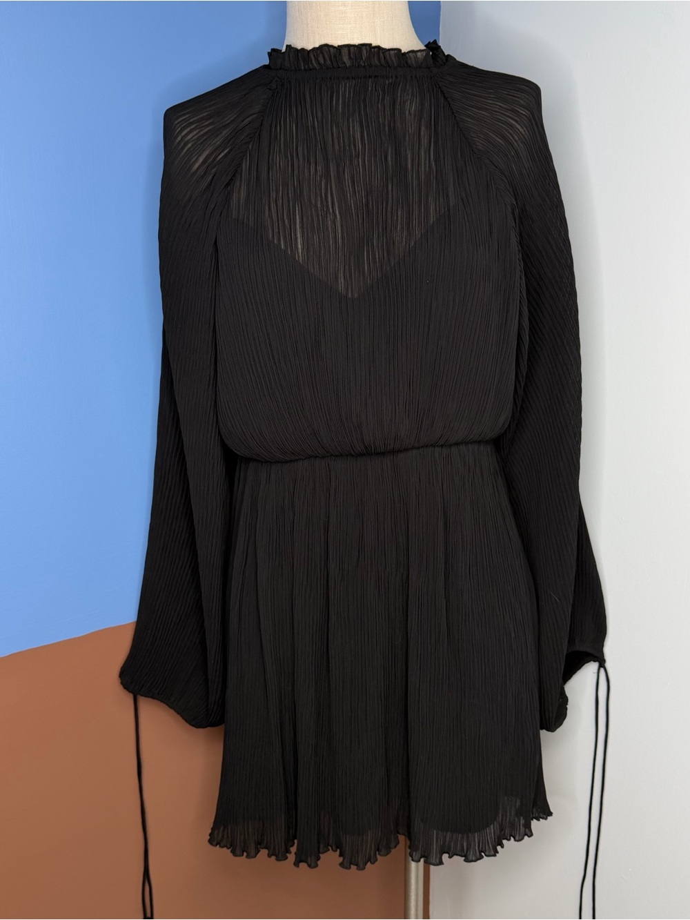 ASOS DESIGN crinkle pleated blouson sleeve high neck mini dress black 4